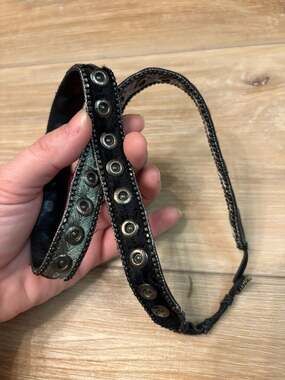 Nahua Black Leather Studded and Beaded Hair-On-Hide Headband with Metal Branding